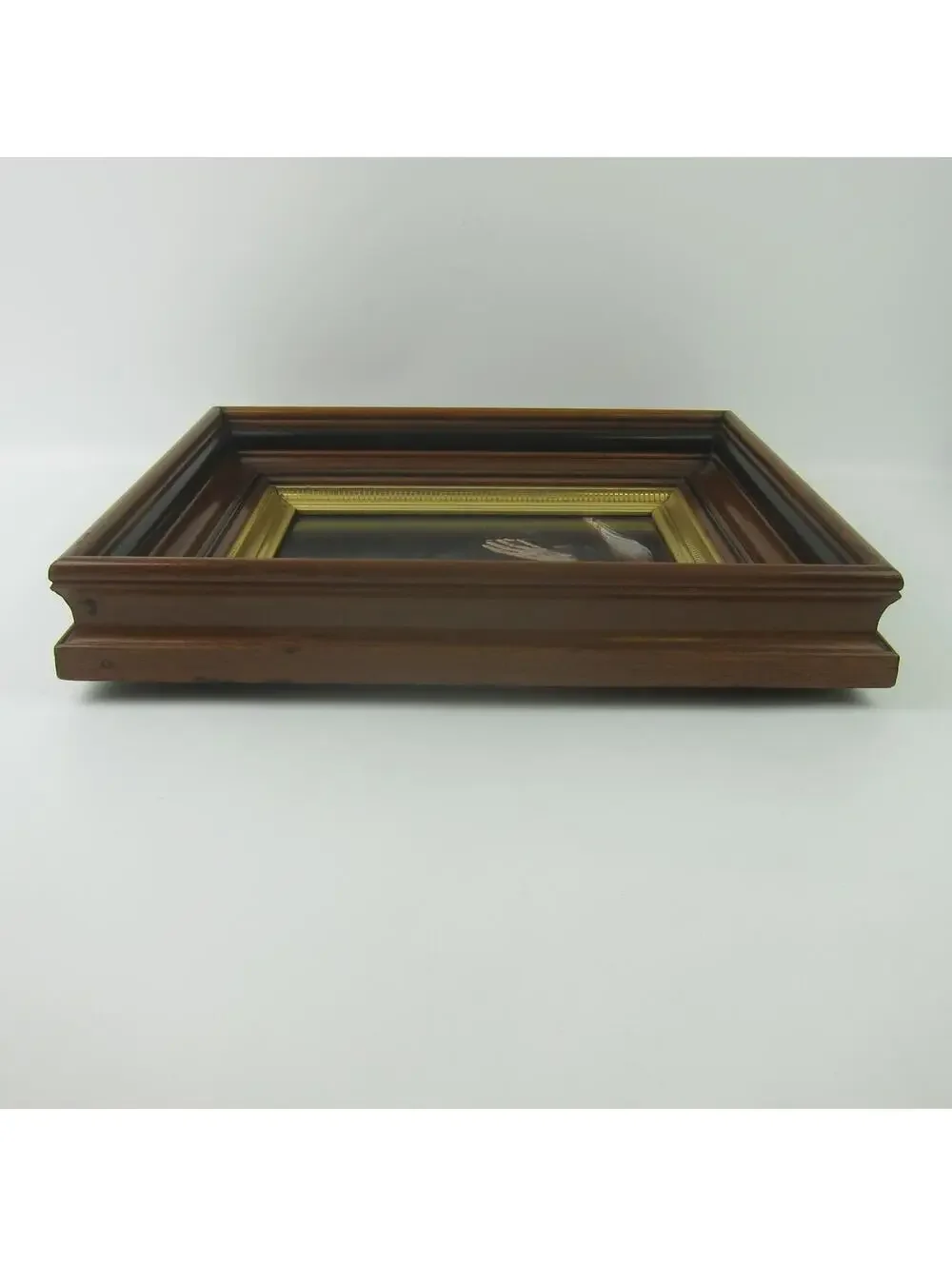Antique Victorian Deep Picture Frame Walnut Wood Gold Gilt Old Man Praying Print